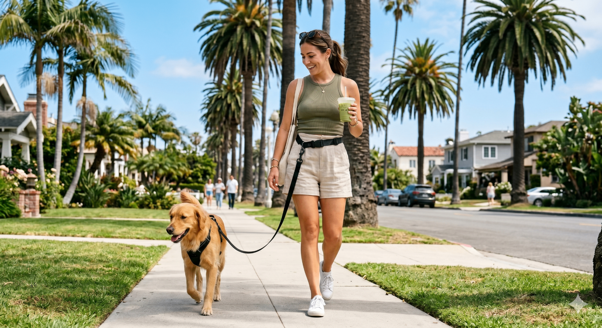 Young woman running on a sunny trail with her golden retriever using a Coast Leashes hands-free leash